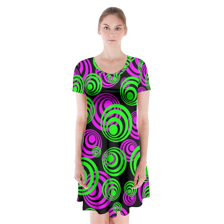 Neon Green and Pink Circles Short Sleeve V-neck Flare Dress