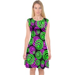 Neon Green And Pink Circles Capsleeve Midi Dress by PodArtist