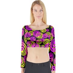 Neon Yellow And Hot Pink Circles Long Sleeve Crop Top by PodArtist