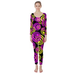 Neon Yellow And Hot Pink Circles Long Sleeve Catsuit by PodArtist