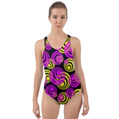 Neon Yellow And Hot Pink Circles Cut-out Back One Piece Swimsuit by PodArtist