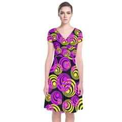 Neon Yellow And Hot Pink Circles Short Sleeve Front Wrap Dress by PodArtist