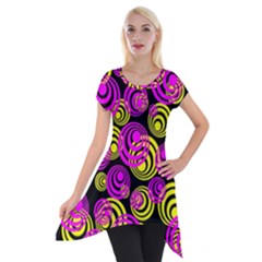 Neon Yellow And Hot Pink Circles Short Sleeve Side Drop Tunic by PodArtist