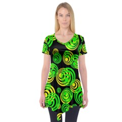 Neon Yellow And Green Circles On Black Short Sleeve Tunic  by PodArtist