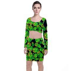 Neon Yellow And Green Circles On Black Long Sleeve Crop Top & Bodycon Skirt Set by PodArtist