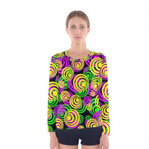 Bright Yellow Pink And Green Neon Circles Women s Long Sleeve Tee by PodArtist