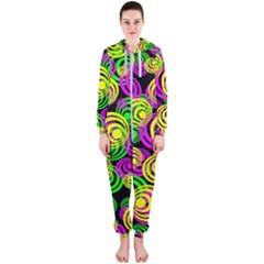 Bright Yellow Pink And Green Neon Circles Hooded Jumpsuit (ladies)  by PodArtist