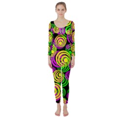 Bright Yellow Pink And Green Neon Circles Long Sleeve Catsuit by PodArtist