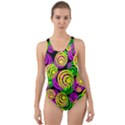 Bright Yellow Pink and Green Neon Circles Cut-Out Back One Piece Swimsuit View1