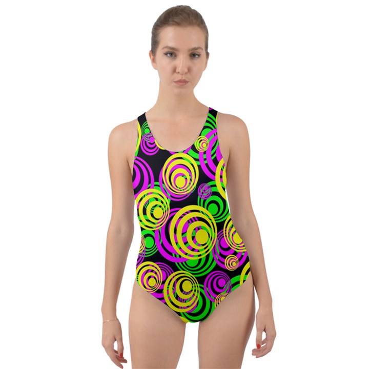 Bright Yellow Pink and Green Neon Circles Cut-Out Back One Piece Swimsuit