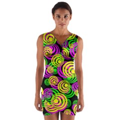 Bright Yellow Pink And Green Neon Circles Wrap Front Bodycon Dress by PodArtist