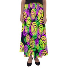 Bright Yellow Pink And Green Neon Circles Flared Maxi Skirt by PodArtist