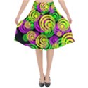 Bright Yellow Pink and Green Neon Circles Flared Midi Skirt View1