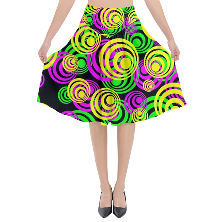 Bright Yellow Pink and Green Neon Circles Flared Midi Skirt