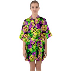 Bright Yellow Pink And Green Neon Circles Quarter Sleeve Kimono Robe by PodArtist