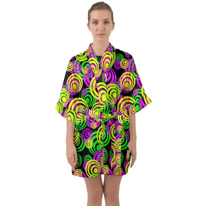 Bright Yellow Pink and Green Neon Circles Quarter Sleeve Kimono Robe