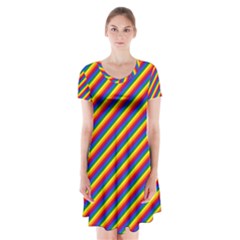 Gay Pride Flag Candy Cane Diagonal Stripe Short Sleeve V-neck Flare Dress by PodArtist