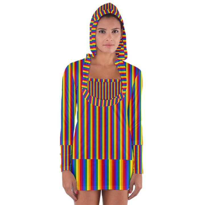 Vertical Gay Pride Rainbow Flag Pin Stripes Long Sleeve Hooded T-shirt