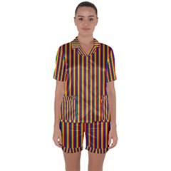 Vertical Gay Pride Rainbow Flag Pin Stripes Satin Short Sleeve Pyjamas Set by PodArtist