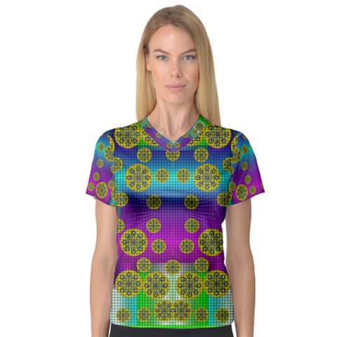 Celtic Mosaic With Wonderful Flowers V-neck Sport Mesh Tee by pepitasart