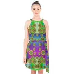 Celtic Mosaic With Wonderful Flowers Halter Collar Waist Tie Chiffon Dress by pepitasart