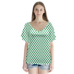 Green Shamrock Clover On White St  Patrick s Day V-neck Flutter Sleeve Top by PodArtist