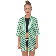 Green Shamrock Clover On White St  Patrick s Day Open Front Chiffon Kimono by PodArtist