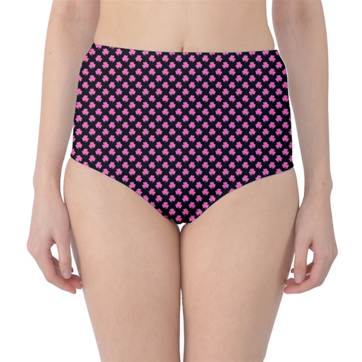 Small Hot Pink Irish Shamrock Clover on Black High-Waist Bikini Bottoms