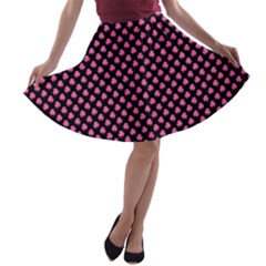 Small Hot Pink Irish Shamrock Clover On Black A-line Skater Skirt by PodArtist