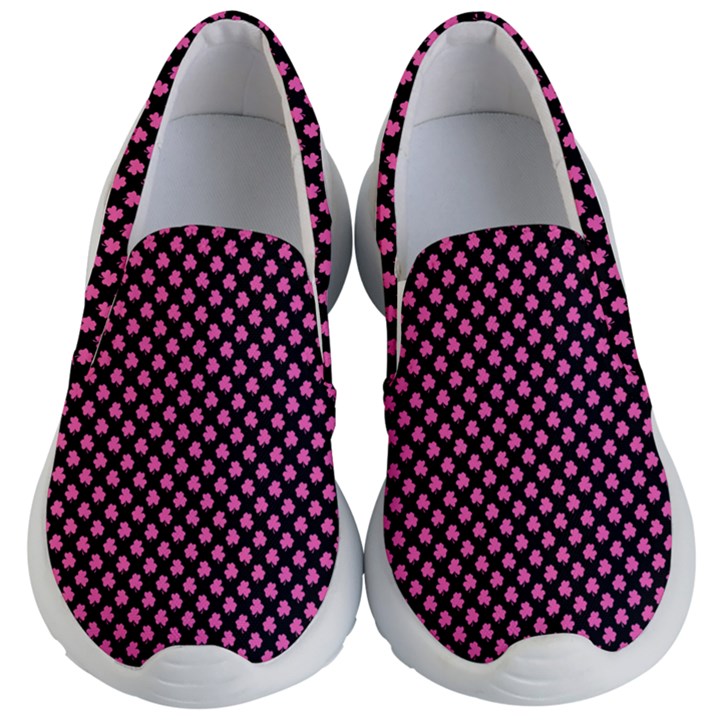 Small Hot Pink Irish Shamrock Clover on Black Kid s Lightweight Slip Ons