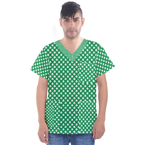  White Shamrocks On Green St  Patrick s Day Ireland Men s V-neck Scrub Top by PodArtist