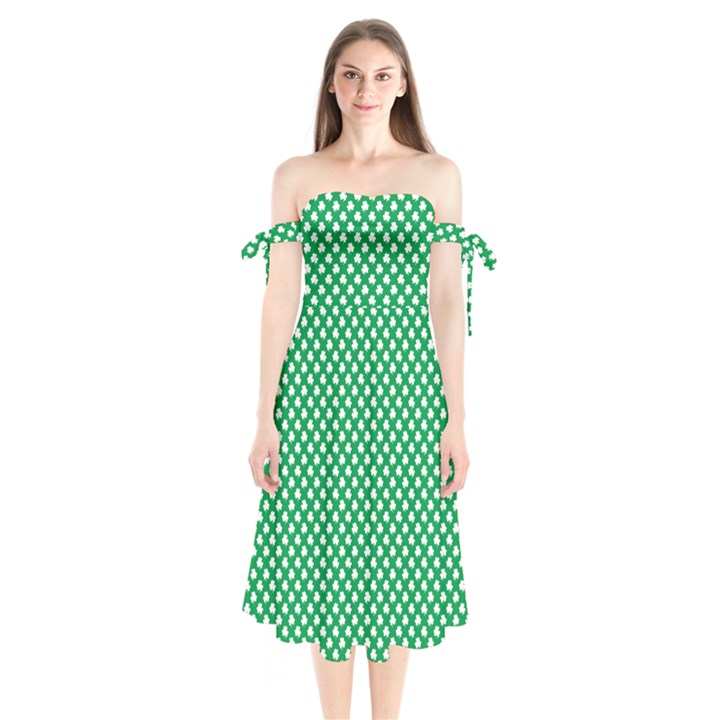  White Shamrocks On Green St. Patrick s Day Ireland Shoulder Tie Bardot Midi Dress