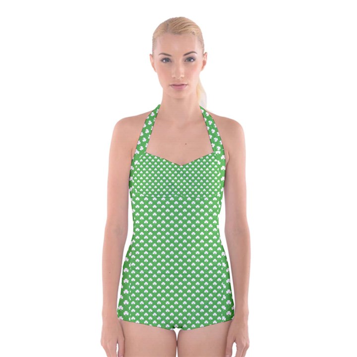 White Heart-Shaped Clover on Green St. Patrick s Day Boyleg Halter Swimsuit 