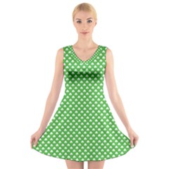 White Heart-shaped Clover On Green St  Patrick s Day V-neck Sleeveless Skater Dress by PodArtist