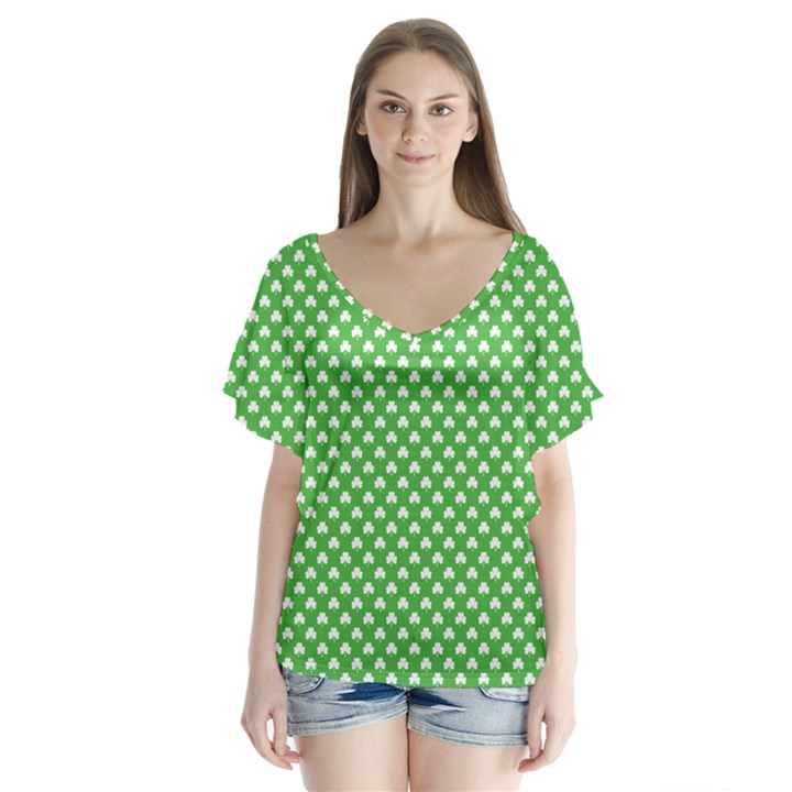 White Heart-Shaped Clover on Green St. Patrick s Day V-Neck Flutter Sleeve Top