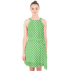 White Heart-shaped Clover On Green St  Patrick s Day Halter Collar Waist Tie Chiffon Dress by PodArtist