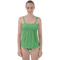 White Heart-shaped Clover On Green St  Patrick s Day Twist Front Tankini Set by PodArtist