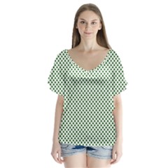 Shamrock 2-tone Green On White St Patrick’s Day Clover V-neck Flutter Sleeve Top by PodArtist