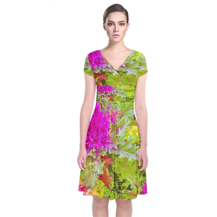 Colored Plants Photo Short Sleeve Front Wrap Dress