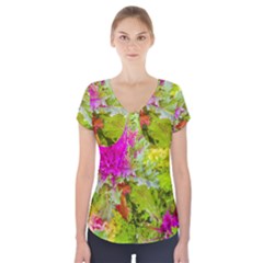 Colored Plants Photo Short Sleeve Front Detail Top by dflcprints