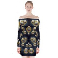 Bats In Caves In Spring Time Long Sleeve Off Shoulder Dress by pepitasart