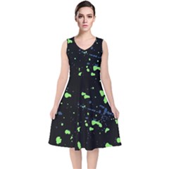 Dark Splatter Abstract V-neck Midi Sleeveless Dress 