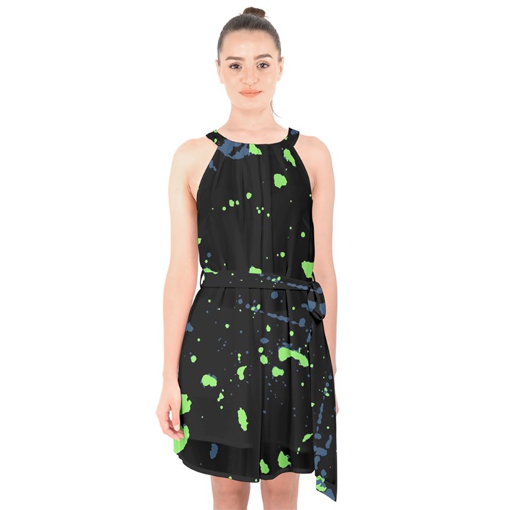 Dark Splatter Abstract Halter Collar Waist Tie Chiffon Dress