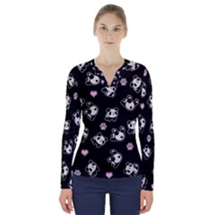 Panda Pattern V-neck Long Sleeve Top