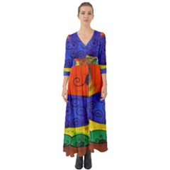 Face Button Up Boho Maxi Dress