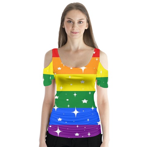 Sparkly Rainbow Flag Butterfly Sleeve Cutout Tee  by Valentinaart