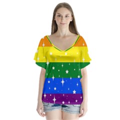 Sparkly Rainbow Flag V-neck Flutter Sleeve Top by Valentinaart