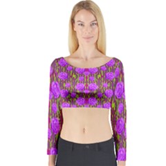 Roses Dancing On A Tulip Field Of Festive Colors Long Sleeve Crop Top by pepitasart