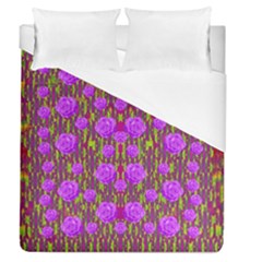 Roses Dancing On A Tulip Field Of Festive Colors Duvet Cover (queen Size) by pepitasart