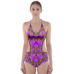 Roses Dancing On A Tulip Field Of Festive Colors Cut-out One Piece Swimsuit by pepitasart